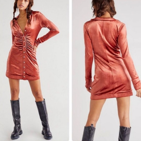 Free People Dresses & Skirts - Free People Shayla Burnt Orange Velvet Mini Dress Terracotta Size Small